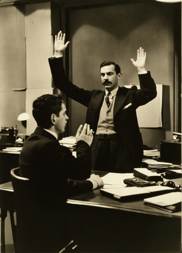 Table, Chair, Tie, Gesture, Blackandwhite, Suit