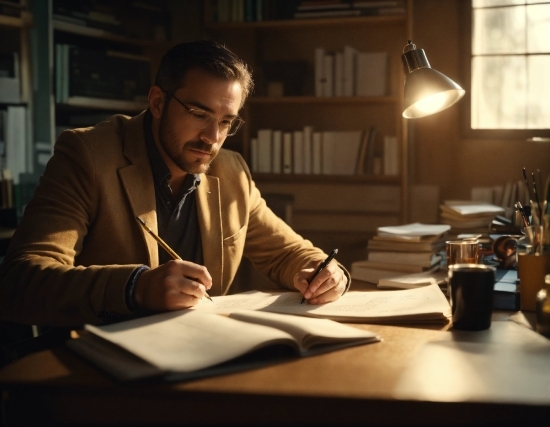 Glasses, Table, Lighting, Blazer, Whitecollar Worker, Lamp