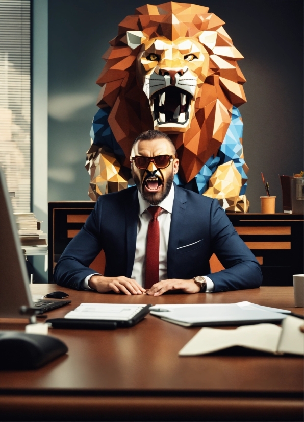 Table, Coat, Desk, Tie, Suit, Eyewear