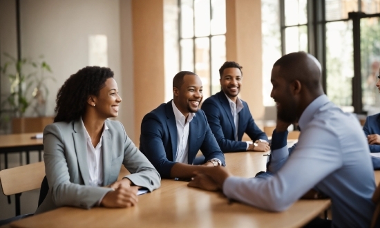 Table, Smile, Conference Room Table, Window, Coat, Chair