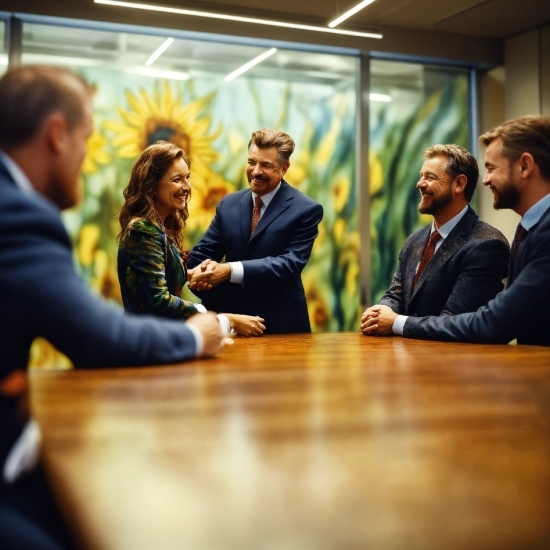 Smile, Coat, Table, Gesture, Suit, Tie