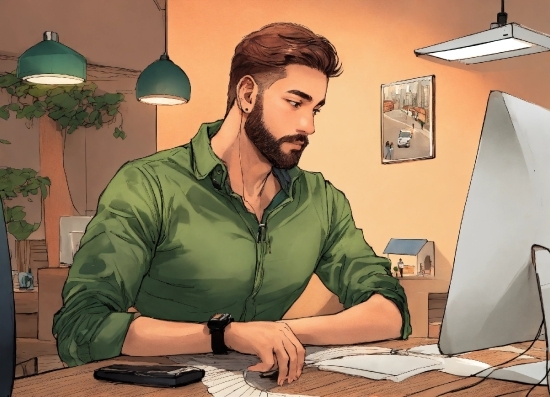 Table, Beard, Desk, Cartoon, Office Supplies, Art