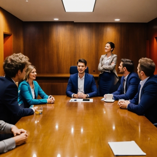 Table, Conference Room Table, Coat, Chair, Interaction, Smile