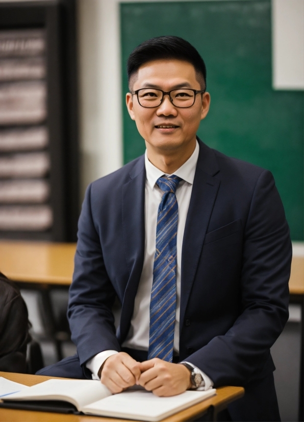 Glasses, Microphone, Dress Shirt, Tie, Collar, Suit