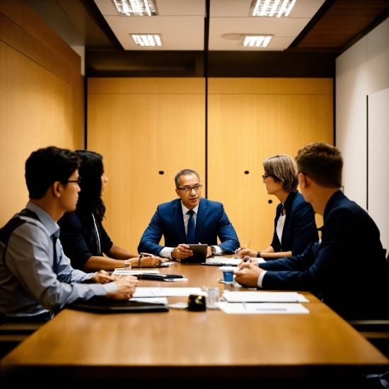 Table, Furniture, Conference Room Table, Coat, Chair, Suit