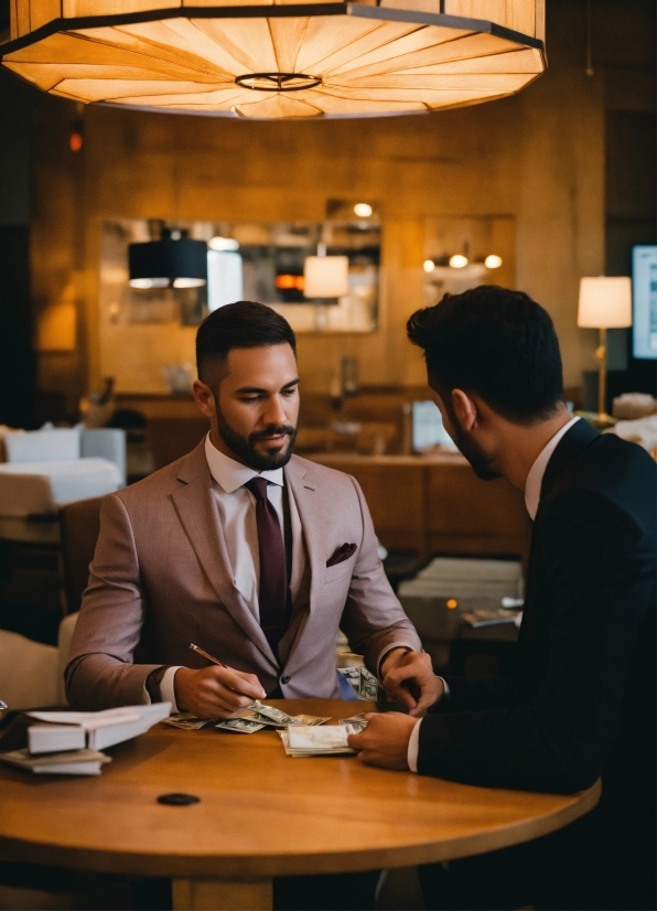 Table, Furniture, Coat, Lighting, Gesture, Tie