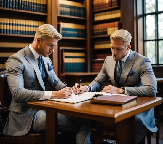 Table, Tie, Gesture, Suit, Chair, Window