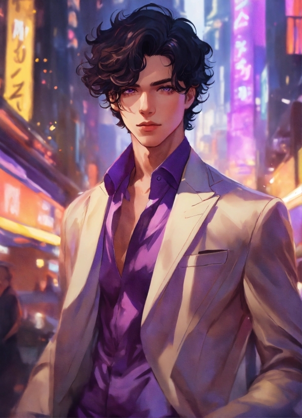 Purple, Black Hair, Cartoon, Fashion Design, Cg Artwork, Blazer