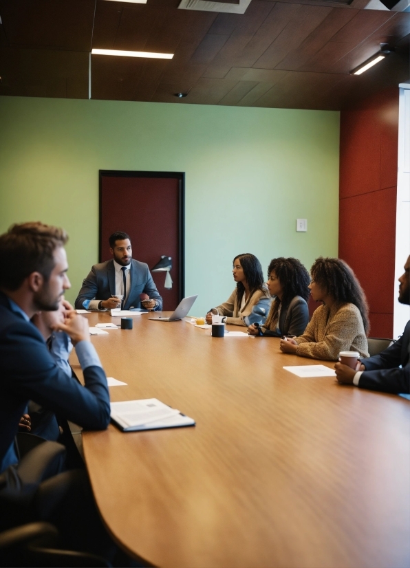 Table, Conference Room Table, Furniture, Chair, Coat, Interaction