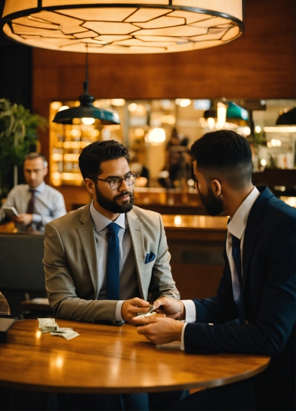 Table, Furniture, Coat, Lighting, Suit, Interaction