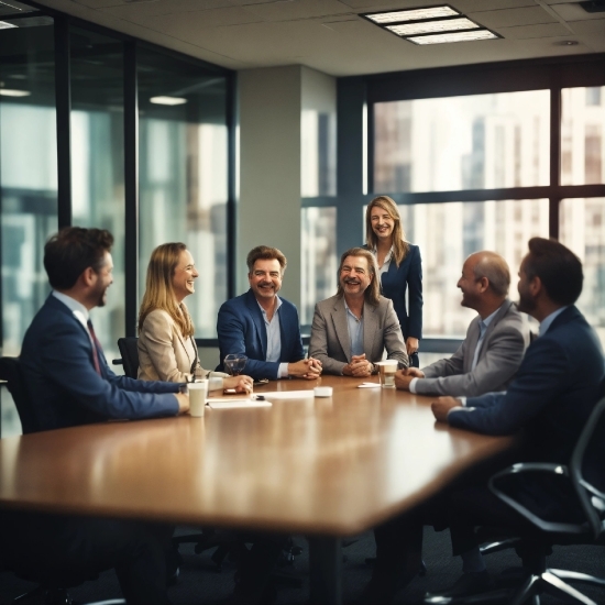 Table, Smile, Chair, Conference Room Table, Building, Coat