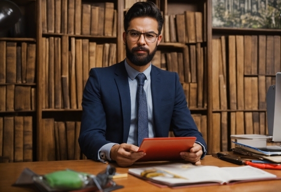 Glasses, Table, Tie, Desk, Beard, Suit