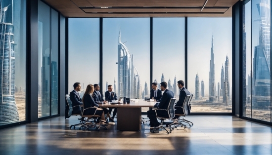 Furniture, Building, Table, Chair, Sky, Skyscraper