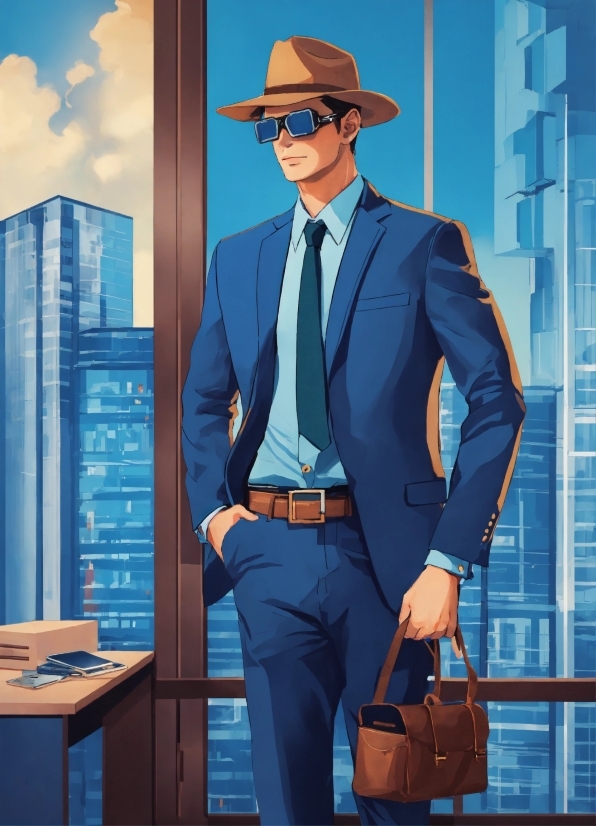 Blue, Hat, Dress Shirt, Fedora, Tie, Sun Hat