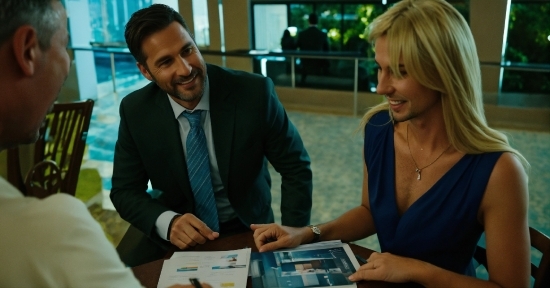 Smile, Coat, Tie, Table, Chair, Interaction