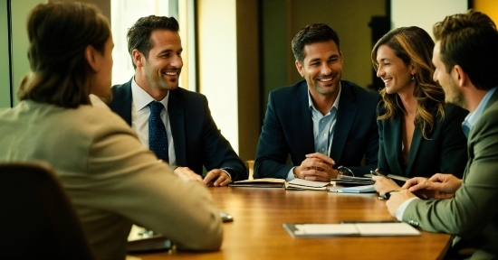 Smile, Hand, Table, Human, Gesture, Suit