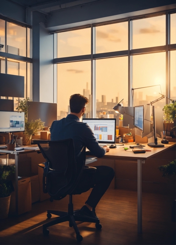 Computer, Furniture, Table, Personal Computer, Computer Monitor, Plant