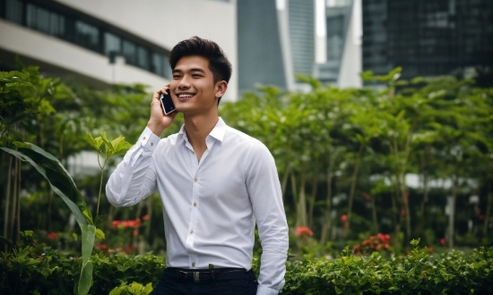 Plant, Smile, Dress Shirt, Flash Photography, Sleeve, Temple