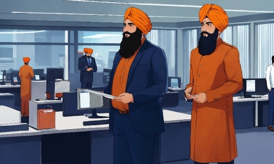 Orange, Sleeve, Workwear, Headgear, Beard, Event