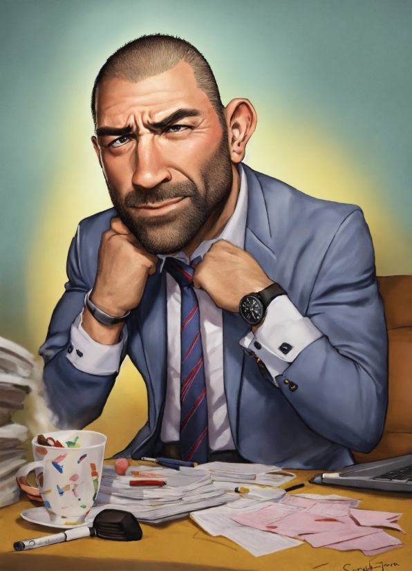 Watch, Tableware, Beard, Tie, Gesture, Table