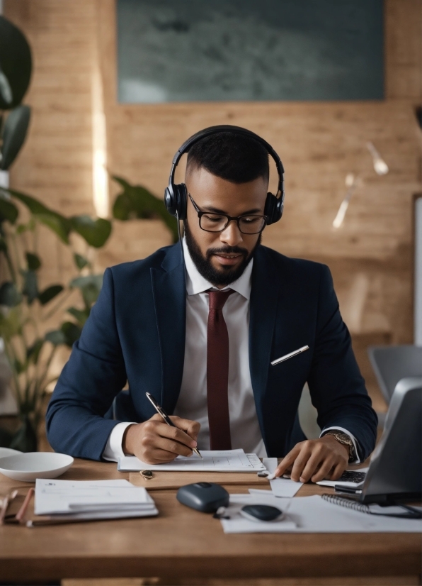 Glasses, Microphone, Table, Tie, Spokesperson, Laptop