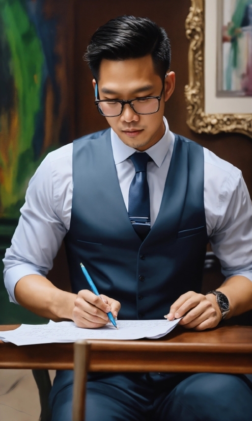 Glasses, Hand, School Uniform, Vision Care, Table, Picture Frame