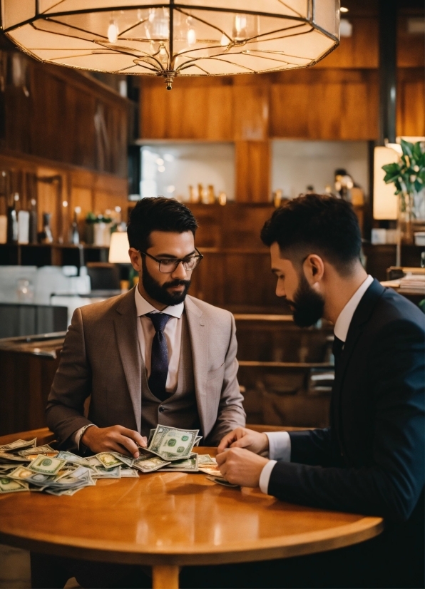 Table, Coat, Lighting, Tie, Suit, Plant