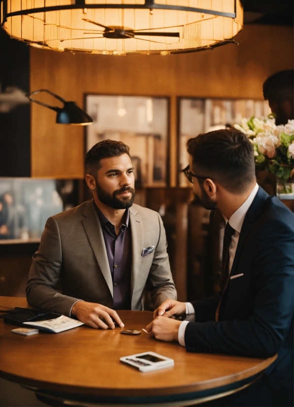 Table, Coat, Lighting, Tie, Suit, Gesture