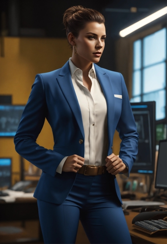 Hairstyle, Computer Monitor, Fashion, Neck, Sleeve, Waist