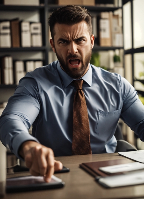 Table, Dress Shirt, Human, Tie, Desk, Collar