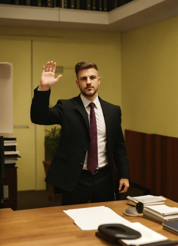 Suit Trousers, Table, Coat, Tie, Gesture, Suit