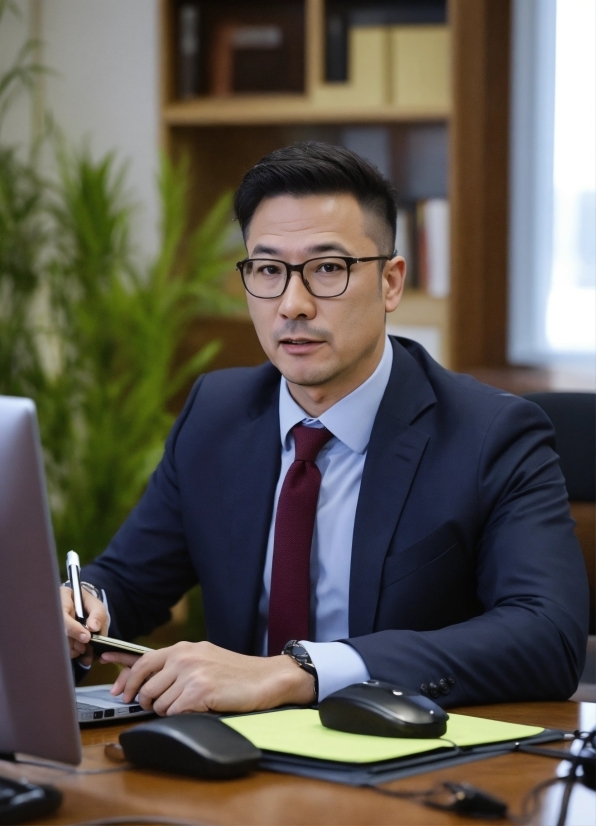 Glasses, Microphone, Table, Tie, Personal Computer, Spokesperson