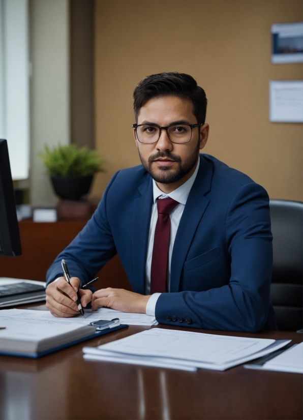 Glasses, Table, Furniture, Tie, Plant, Microphone