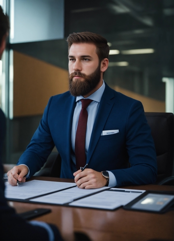 Table, Dress Shirt, Beard, Collar, Tie, Blazer