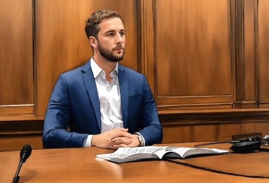 Microphone, Table, Spokesperson, Beard, Blazer, Whitecollar Worker