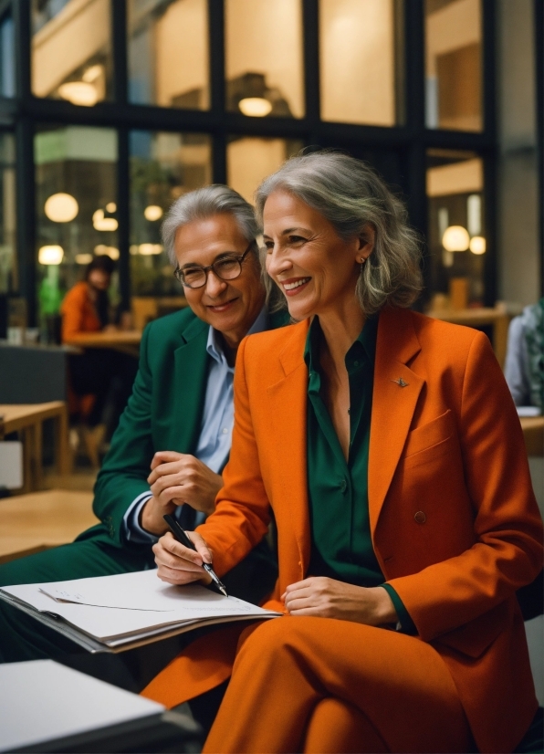 Glasses, Smile, Fashion, Orange, Coat, Interaction