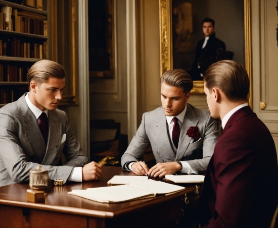 Table, Coat, Tie, Chair, Bookcase, Suit