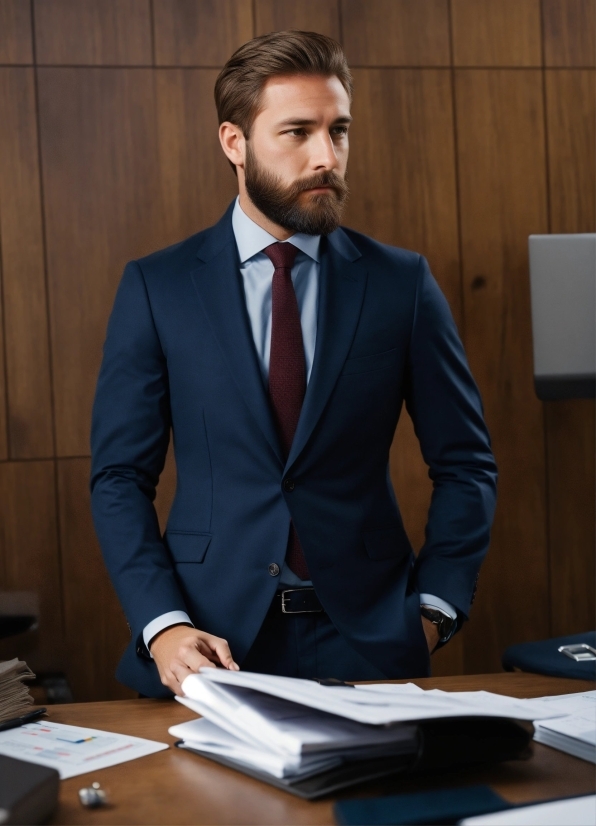 Table, Dress Shirt, Sleeve, Collar, Tie, Beard