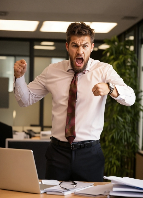 Laptop, Dress Shirt, Table, Gesture, Tie, Computer