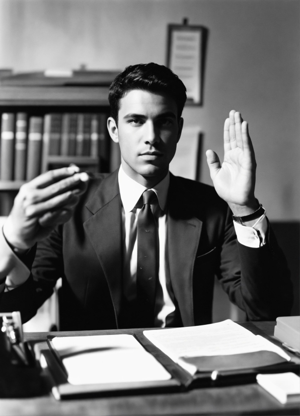 Tie, Black, Table, Blackandwhite, Standing, Gesture