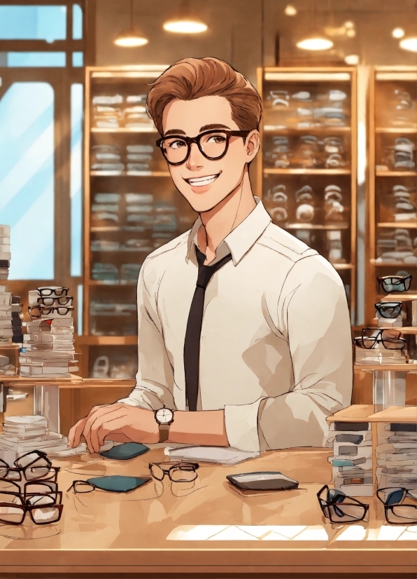 Glasses, Vision Care, Smile, Eyewear, Dress Shirt, Shelf