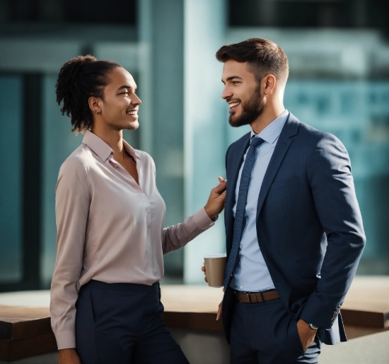 Suit Trousers, Smile, Shoulder, Dress Shirt, Sleeve, Gesture