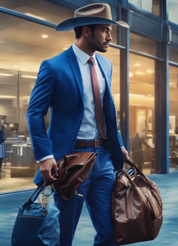 White, Hat, Blue, Dress Shirt, Luggage And Bags, Fedora