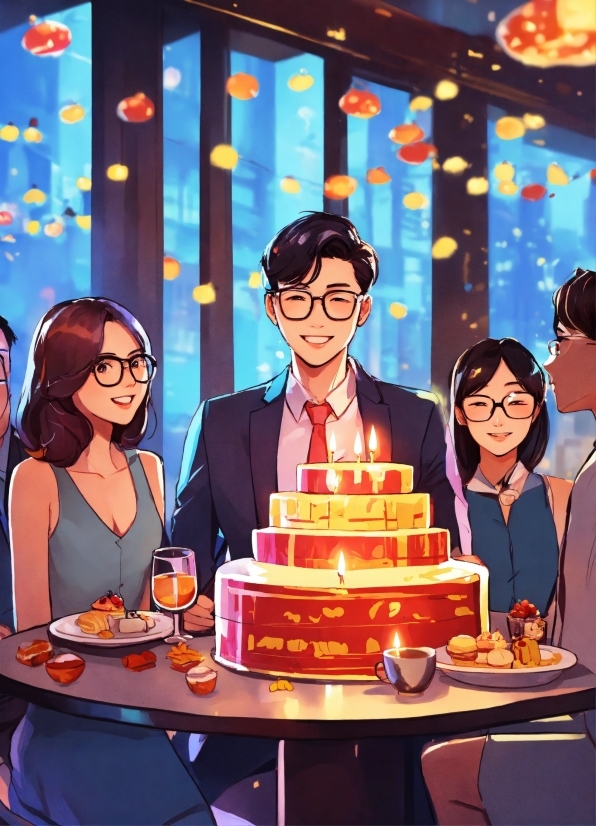 Glasses, Smile, Food, Tableware, Cartoon, Table