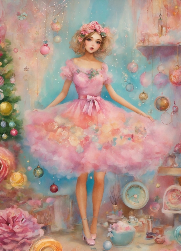 Plant, Dress, Textile, Mythical Creature, Pink, Art