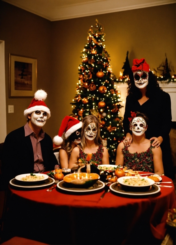 Christmas Tree, Table, Tableware, Food, Smile, Hat