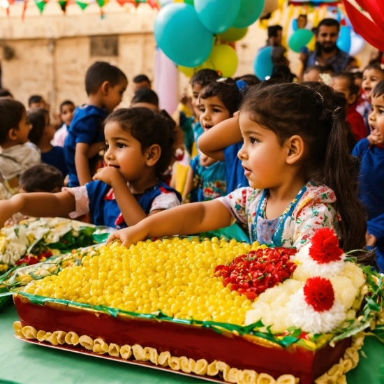 Food, Blue, Green, Yellow, Happy, Sharing