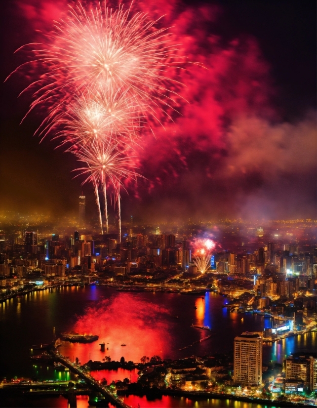 Water, Fireworks, Sky, Atmosphere, Skyscraper, Building