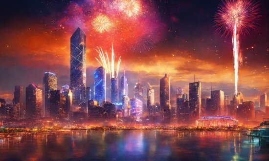 Skyscraper, Sky, Atmosphere, Photograph, Building, Fireworks