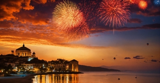 Water, Sky, Cloud, Fireworks, Photograph, Light